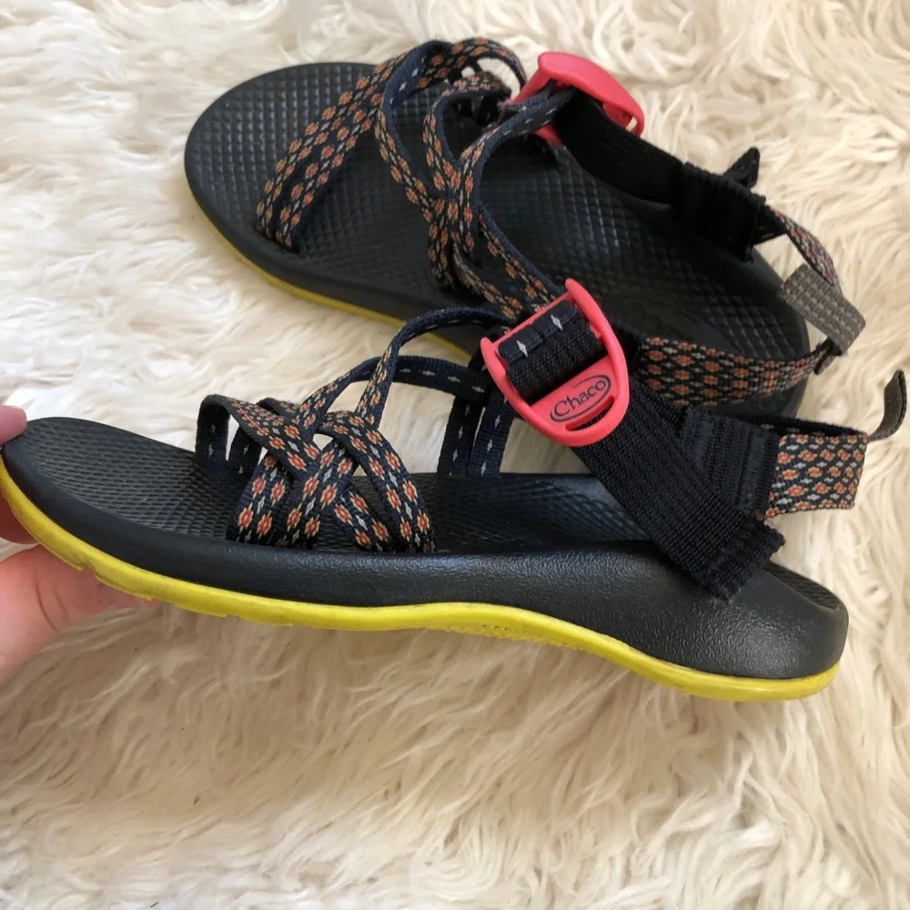 Chaco Kids Black Sandals with Coral Strap Pattern and Pink Buckles